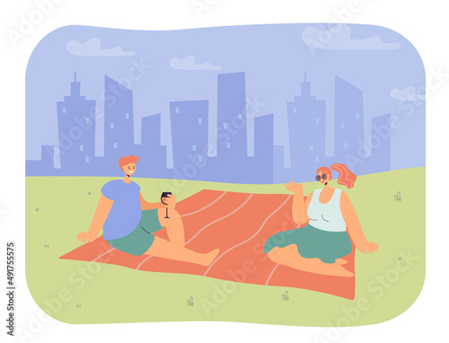 Man and woman having picnic in park flat vector illustration. Happy boy and girl sitting on blanket, dating and drinking wine. Romance, love concept for banner, website design or landing web page