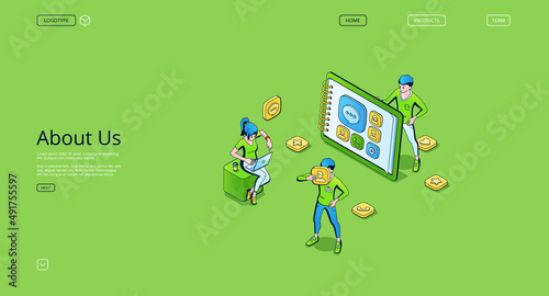 Company information, about us isometric landing page, contact us, get directions business concept with tiny characters at huge tablet with website media menu icons, 3d vector Line art web banner