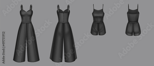 Set of women jumpsuit 3d vector overalls blank mockup. Black female apparel with shorts or trousers and short sleeveless top realistic template. Girls clothes, summer garment, nightwear design mock up