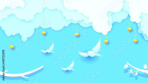 Abstract Sky Paper Cut Blue Background With Clouds, Birds And Stars Vector Design Style Nature