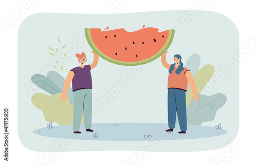 Tiny girls holding slice of watermelon flat vector illustration. Young people eating eco natural fruits, taking care of health. Healthy lifestyle concept for banner, website design or landing web page