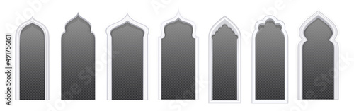 Arab door arches different shapes for mosque, islamic and oriental architecture. Vector realistic set of traditional arabic doorway frames in white wall with transparent background