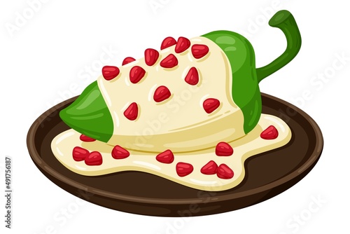 Cartoon Chiles en nogada, Chile Relleno, Poblano chili Mexican food vector illustration. Traditional Mexican Cuisine. Chiles en nogada with sauce isolated on white background photo