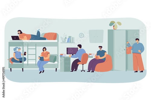 Young cartoon people studying in college dorm room. Hostel or house for students, alternative home flat vector illustration. Accommodation, education, architecture concept for banner or landing page