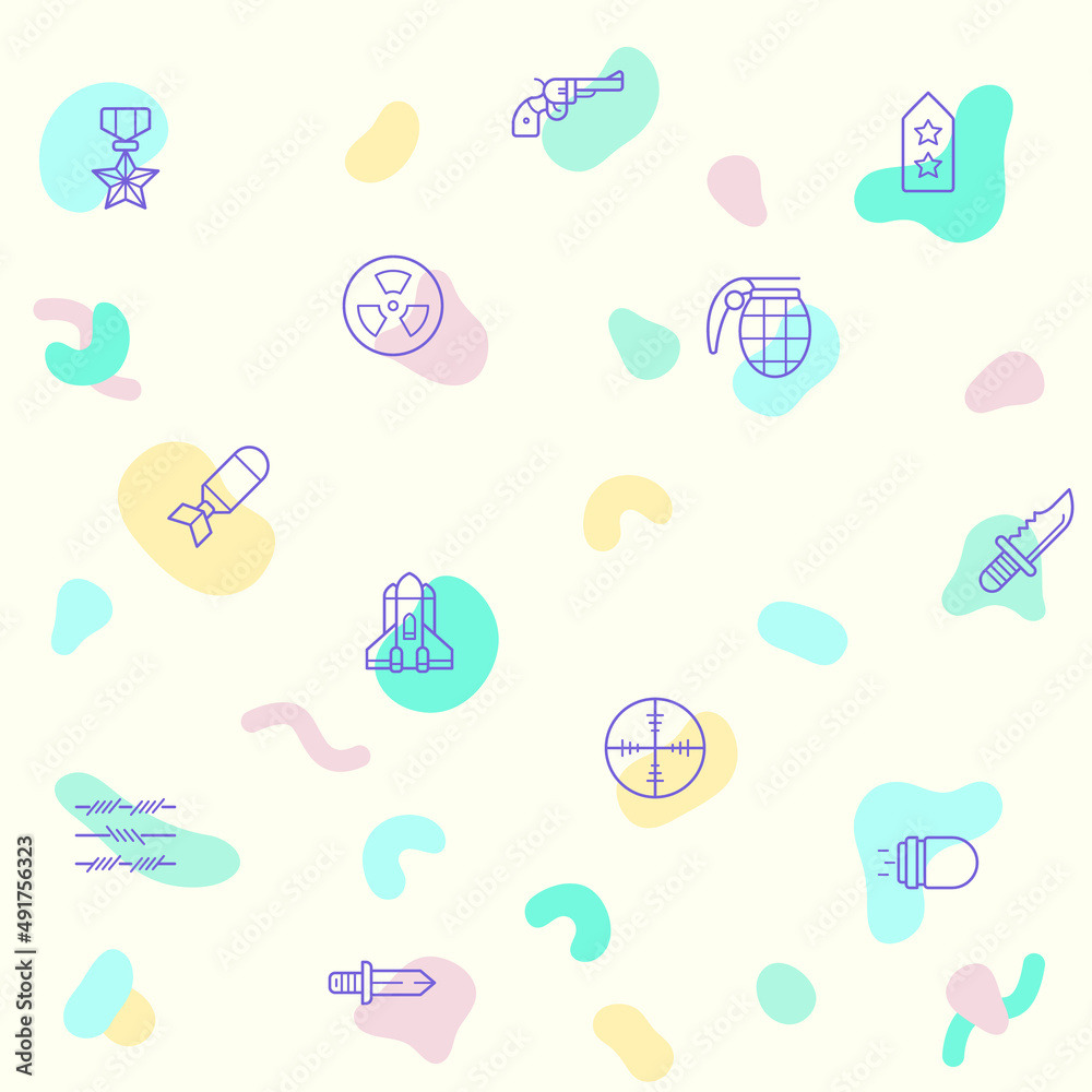 Vector illustration of a cute weapon and Military. Collection of decorative combat, gun, revolver, bullet, bomb, toxic, aim, knife, missile elements. Isolated on beige. Beautiful surface pattern.