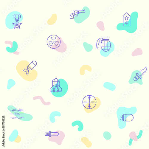 Vector illustration of a cute weapon and Military. Collection of decorative combat, gun, revolver, bullet, bomb, toxic, aim, knife, missile elements. Isolated on beige. Beautiful surface pattern.