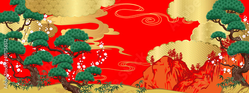 Landscape with pine trees and blooming plum