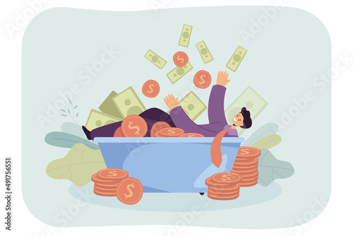 Millionaire cartoon character lying in bath with money. Dollars raining on rich adult man flat vector illustration. Success, dream, wealth concept for banner, website design or landing web page