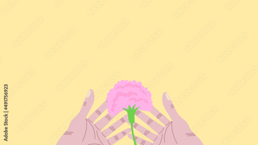 A pair of hands are giving a pink carnation, on a pale yellow background. Vector. A pair of hands are giving a pink carnation, on a pale yellow background. Vector.