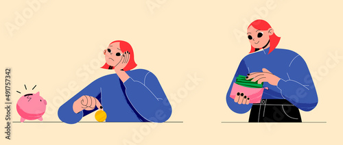 Financial crisis or wealth, family budget, bankruptcy and savings concept. Sad woman with coin and broken piggy bank, happy girl counting money income in wallet, Line art flat vector illustration