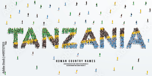 A large group of people stands, making up the word Tanzania. Tanzania flag made from people crowd. Vector illustration isolated on white background.