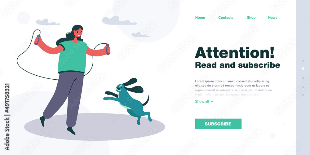 Girl jumping rope with dog in summer city park. Female pet owner and animal playing together flat vector illustration. Outdoor sport activity concept for banner, website design or landing web page