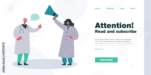 Smiling female doctor holding megaphone. Elderly person with speech bubble, medical professionals making announcement flat vector illustration. Healthcare, medicine concept for banner, website design