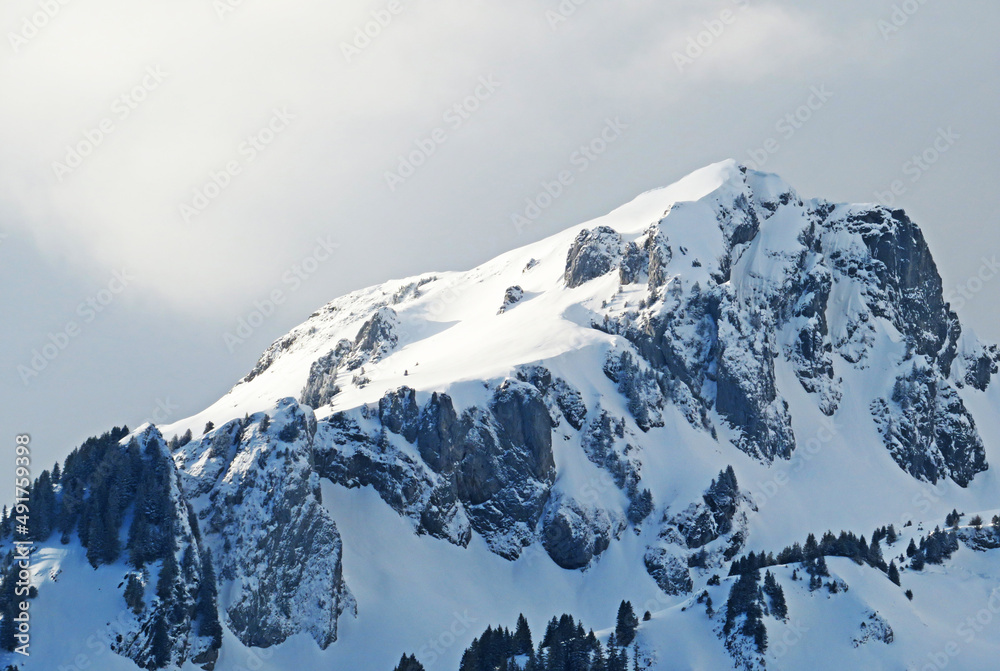 Snow-capped alpine peak Lütispitz (Luetispitz or Lutispitz, 1986 m) in Alpstein mountain range and in Appenzell Alps massif, Unterwasser - Canton of St. Gallen, Switzerland (Schweiz)