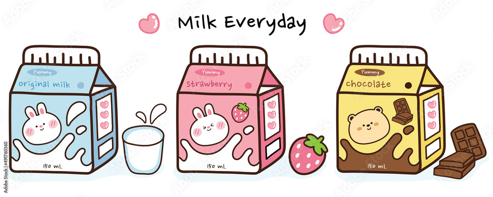 Cute cartoon animal on milk box set. Strawberry milk. Chocolate milk ...