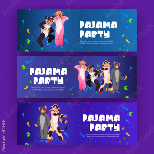 Pajama party posters with happy people in kigurumi dance at night. Vector invitation flyers with cartoon illustration of slumber party with characters in funny pyjamas and confetti