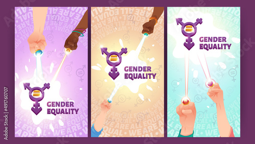 Gender equality banners with male and female fists and symbol of sex equal. Vector posters of man and woman parity with cartoon illustration of sign of gender marks union