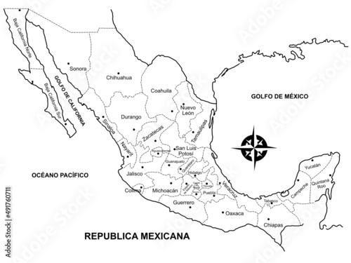 Map of the Republic of Mexico or Mexico, with names on a white background