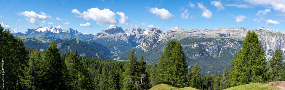 Amazing landscape at the Dolomites in Italy. View at Sella group and  Marmolada with its glaciers. Alta Badia, Sud Tirol, Italy. Summer time. dolomiti best of Italy. Alpine contest