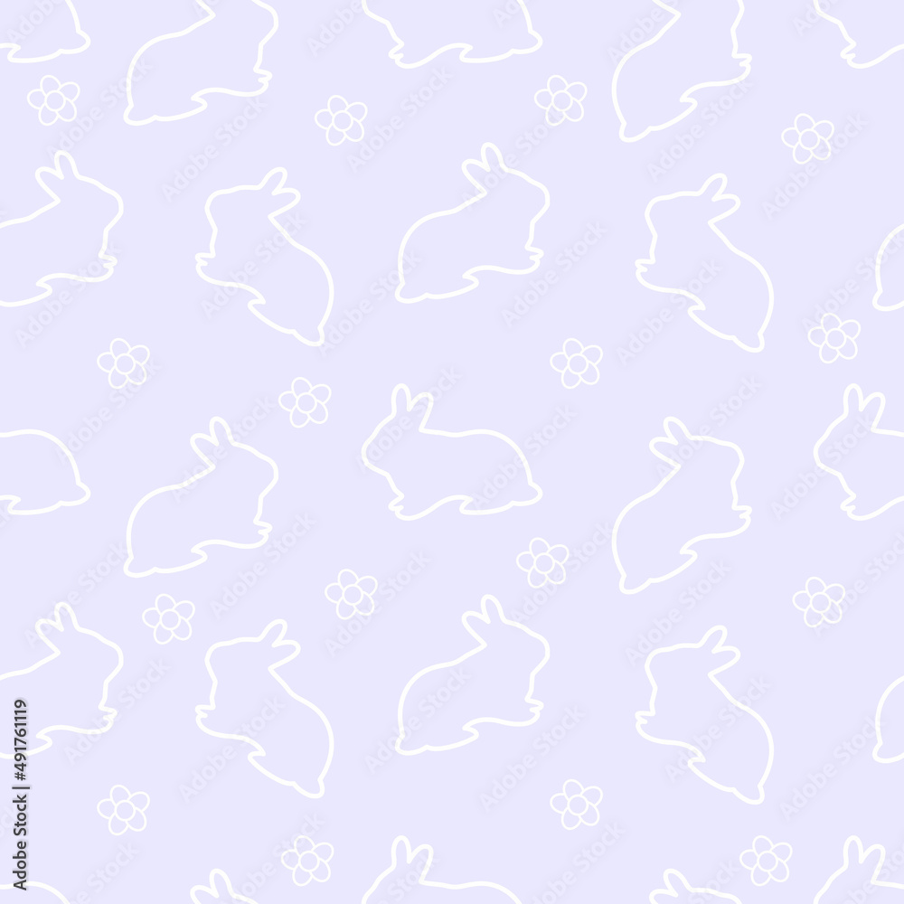 Easter seamless pattern with bunnies, flowers. Vector illustration.