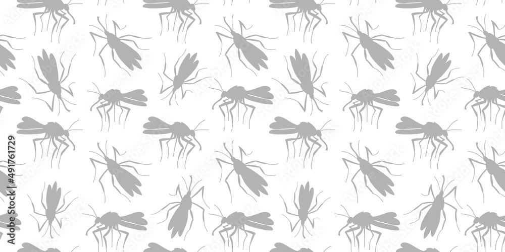 Vector seamless pattern of grey mosquitoes, moths, midges in flat style. Simple light background, texture with insects, bloodsuckers, pests