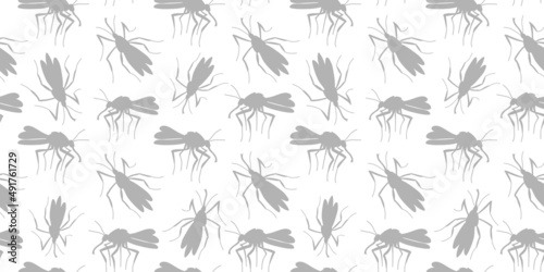 Vector seamless pattern of grey mosquitoes, moths, midges in flat style. Simple light background, texture with insects, bloodsuckers, pests