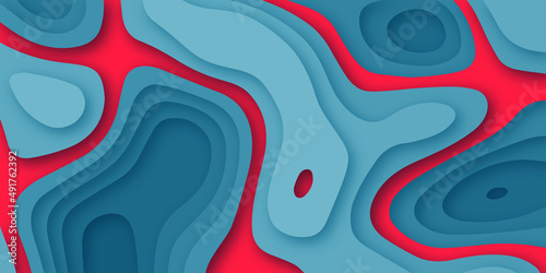 Abstract soft light sky green gradient background with red colored layers. Abstract papercut and multi layer cutout geometric pattern, Abstract soft white background with waves, textured Papercut 