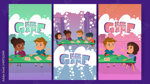 Brain storm game cartoon posters. Kids playing boardgame at school or kindergarten. Multiracial children sitting around of table painting and chatting, play board quiz puzzle, Vector banners, flyers
