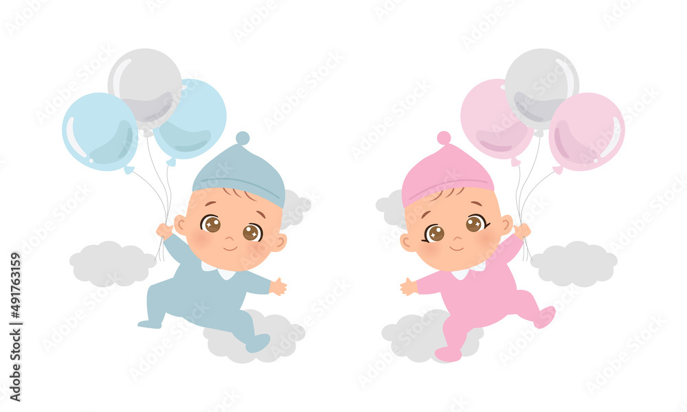 Cute baby boy and girl flying in the sky with balloon. Flat vector cartoon design Cute baby boy and girl flying in the sky with balloon. Flat vector cartoon design