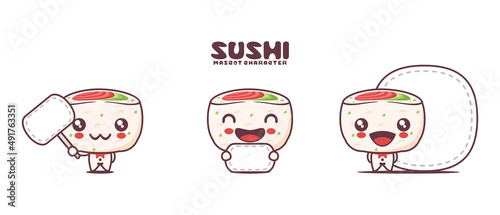 Vector uramaki sushi, japanese traditional food, with blank board banner