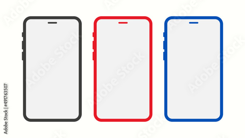 Simple modern vector illustration smartphone mockup set with three black, red, and blue colors theme. Cellphone display front view.