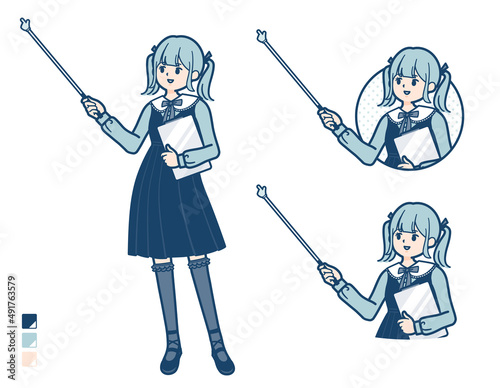 ゴスロリ衣装を着た若い女性が指示棒で解説しているイラスト