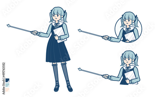 ゴスロリ衣装を着た若い女性が指示棒で解説しているイラスト