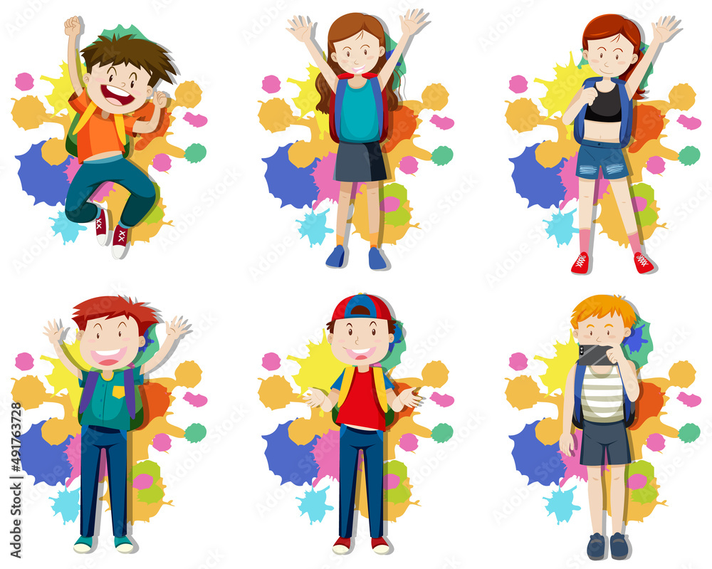 Set of girls and boys with backpack
