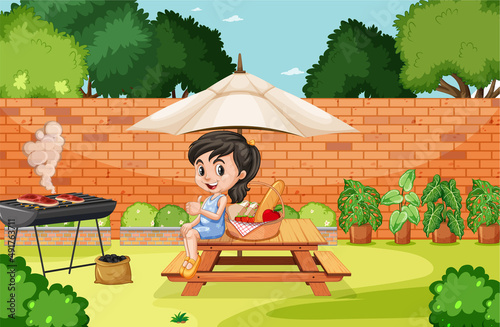 Scene of backyard with kid and barbecue