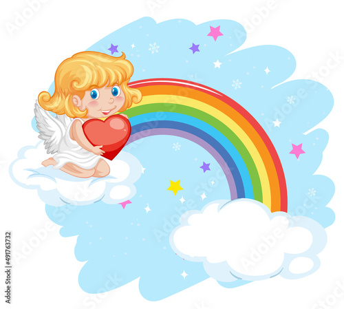 Angel girl sitting on cloud with rainbow