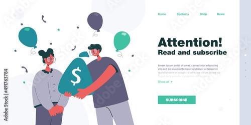 Happy friend or colleague giving sack of money to woman. Girl getting money as gift or reward flat vector illustration. Celebration, loyalty program concept for banner, website design or landing page