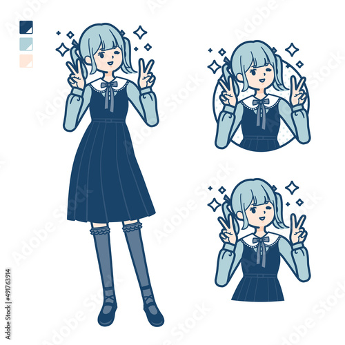 ゴスロリ衣装を着た若い女性がピースサインをしているイラスト