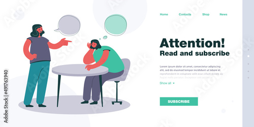 Cartoon girl thinking while talking to friend or colleague. Bored woman sitting at table, boring conversation flat vector illustration. Communication, friendship concept for banner or landing web page