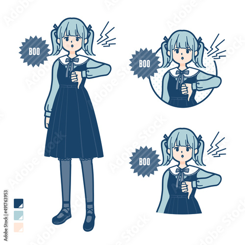 ゴスロリ衣装を着た若い女性が抗議・ブーイングしているイラスト