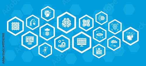 Artificial Intelligence infographic design template with white icons. Robotics, Chatbot, Database banner for diagrams, presentations, info graph.