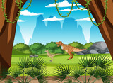 Scene with dinosaurs in the forest