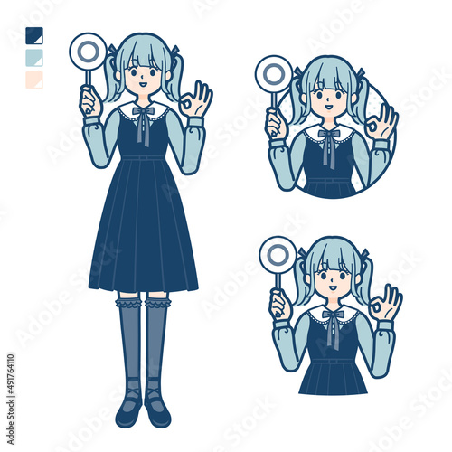 ゴスロリ衣装を着た若い女性がマル印パネルを出すイラスト