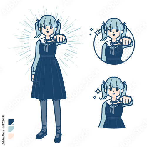 ゴスロリ衣装を着た若い女性が正面を指差しているイラスト