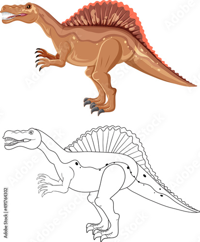 Spinosaurus dinosaur with its doodle outline on white background