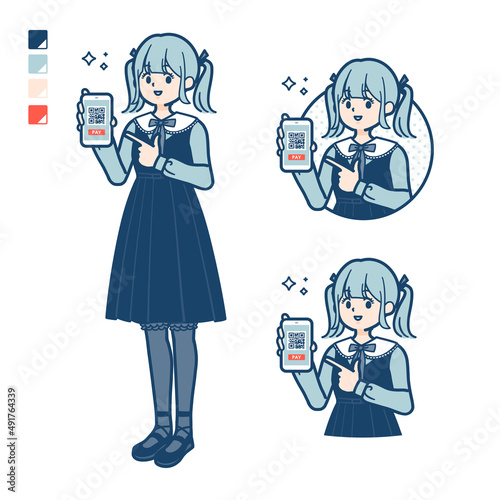 ゴスロリ衣装を着た若い女性がスマートフォンでキャッシュレス決済しているイラスト