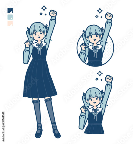 ゴスロリ衣装を着た若い女性がガッツポーズをしているイラスト