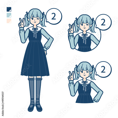 ゴスロリ衣装を着た若い女性が2とカウントしているイラスト