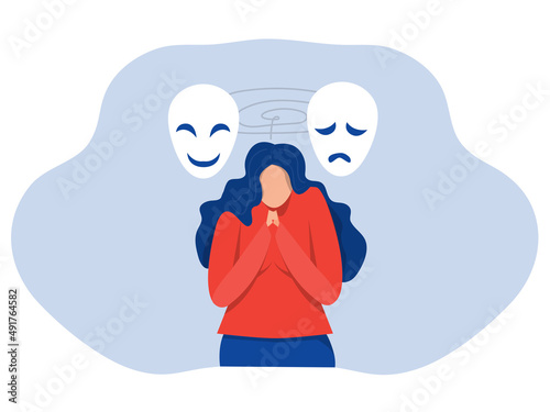 Imposter syndrome; masks with happy or sad expressions.Bipolar disorder; fake faces and emotions. Psychology; false behavior or deceiver.vector illustrator