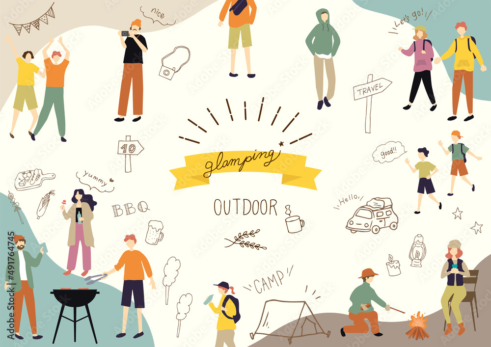 Fototapeta premium アウトドア キャンプの人物と手描きアイコンセット
